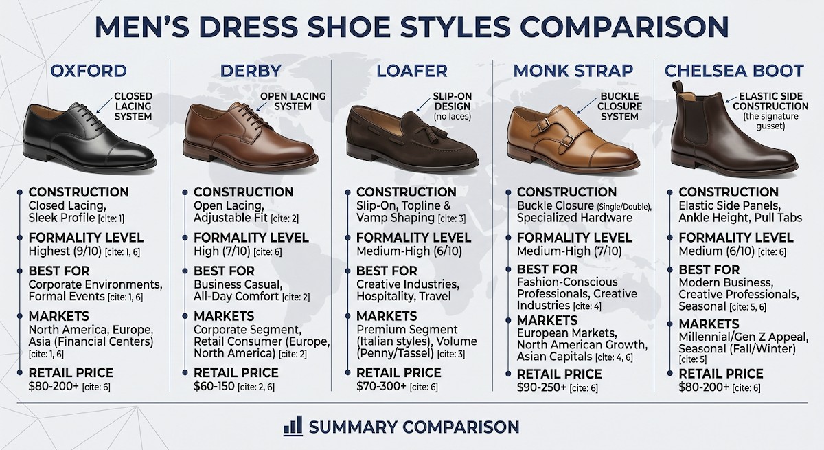 Men's dress shoe styles comparison: Oxford, Derby, Loafer, Monk Strap, Chelsea Boot