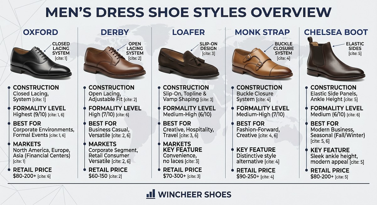 Men's dress shoe styles comparison: Oxford, Derby, Loafer, Monk Strap, Chelsea Boot