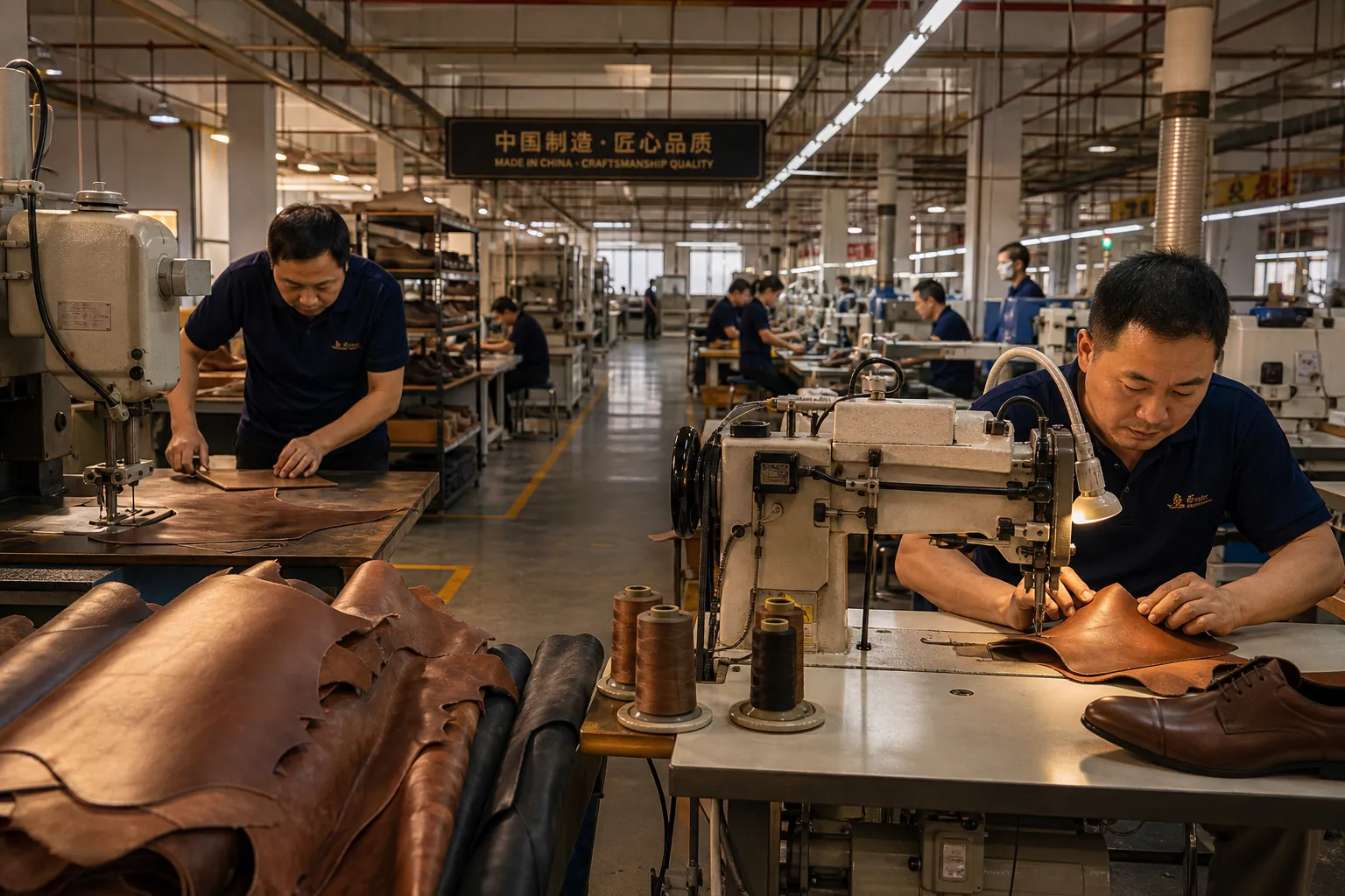 shoe manufacturer China factory floor showing leather cutting and stitching operations