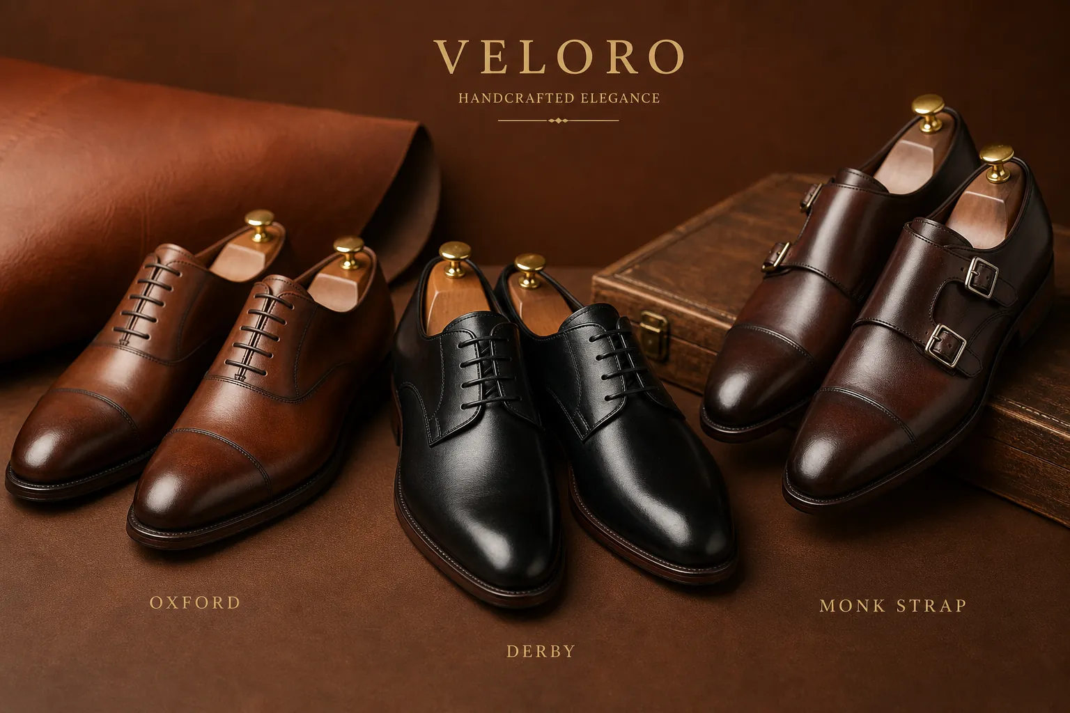 custom dress shoes collection showing Oxford Derby and Monk Strap styles in genuine leather
