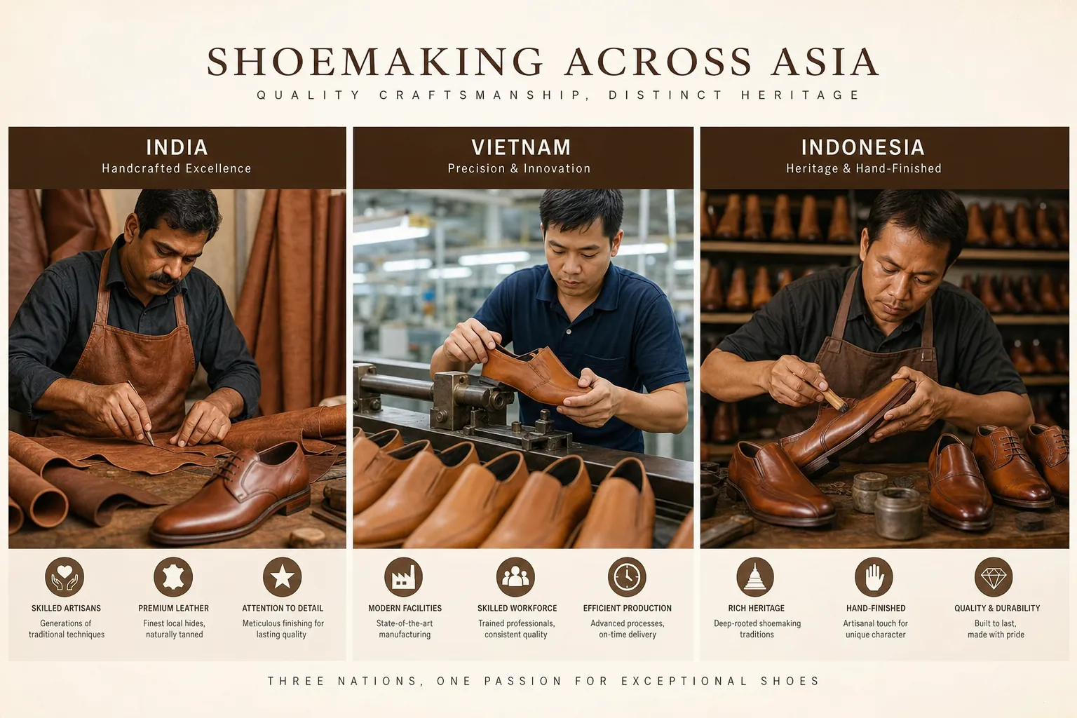 shoe manufacturing comparison across Asia showing factory workers and leather materials
