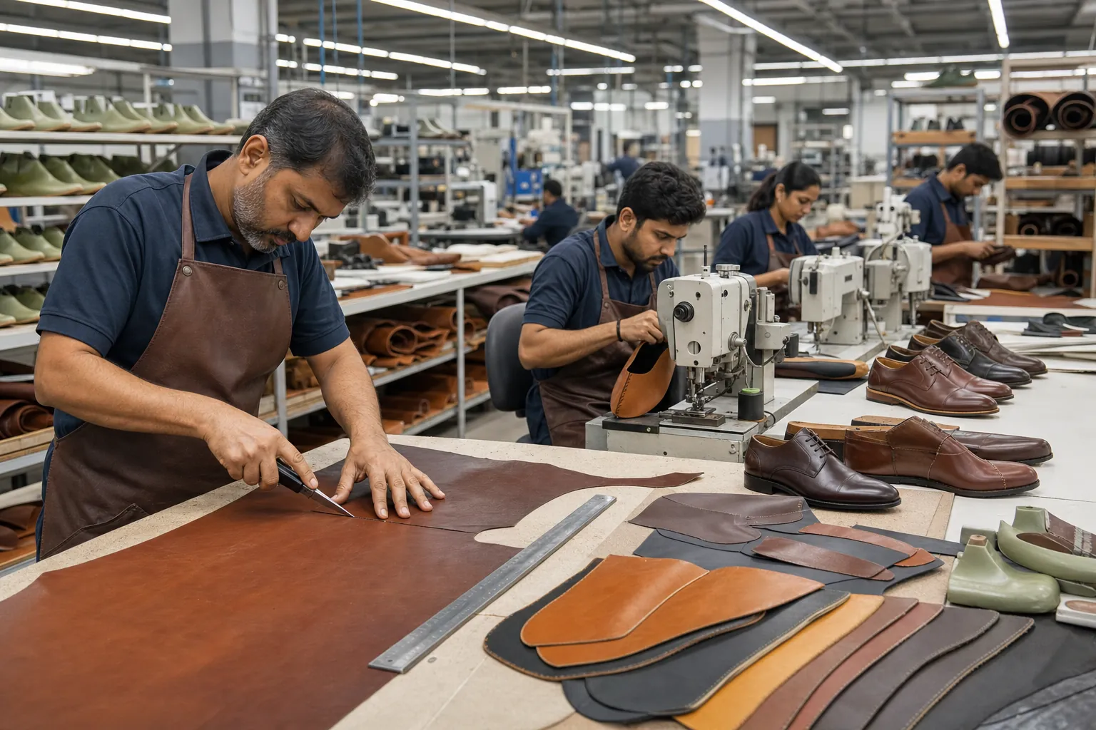 private label shoes factory production line showing leather cutting and stitching