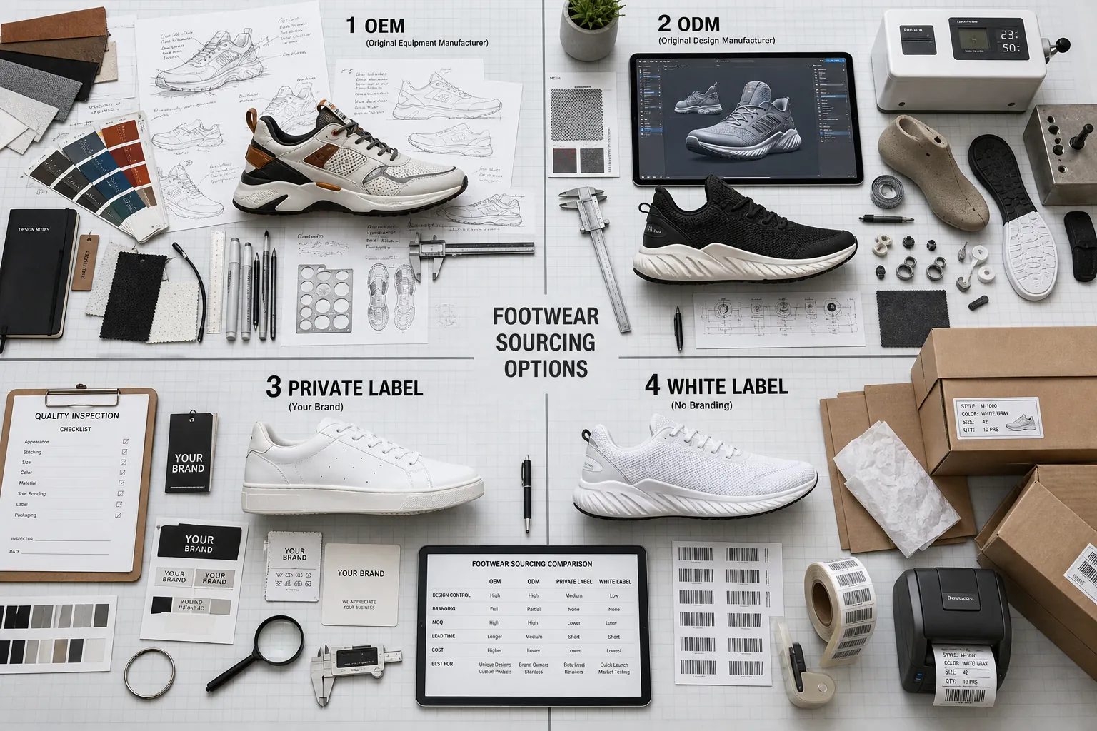 OEM vs ODM footwear manufacturing models comparison chart showing four sourcing options
