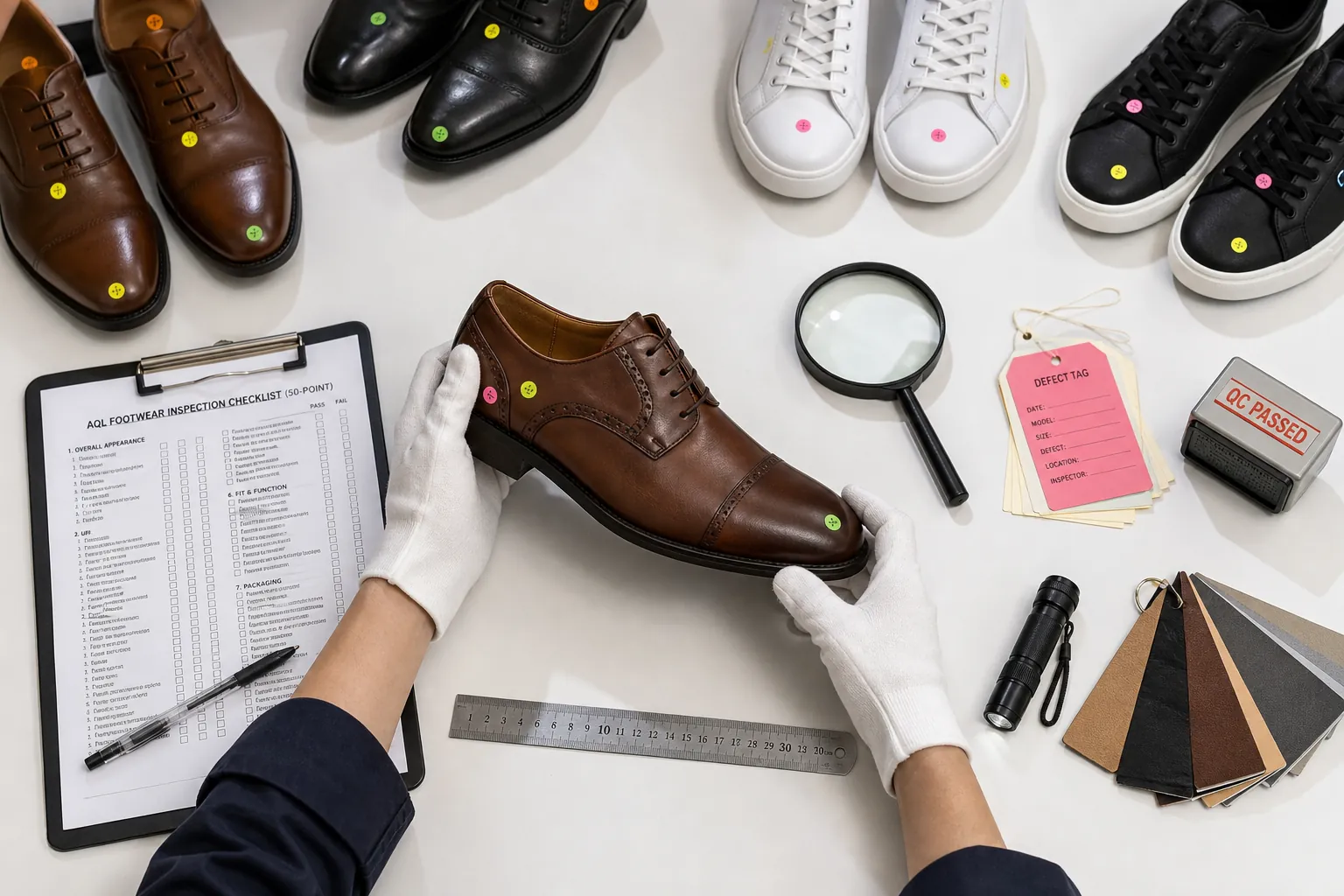 AQL inspection footwear 50-point checklist covering stitching leather sole alignment and finish