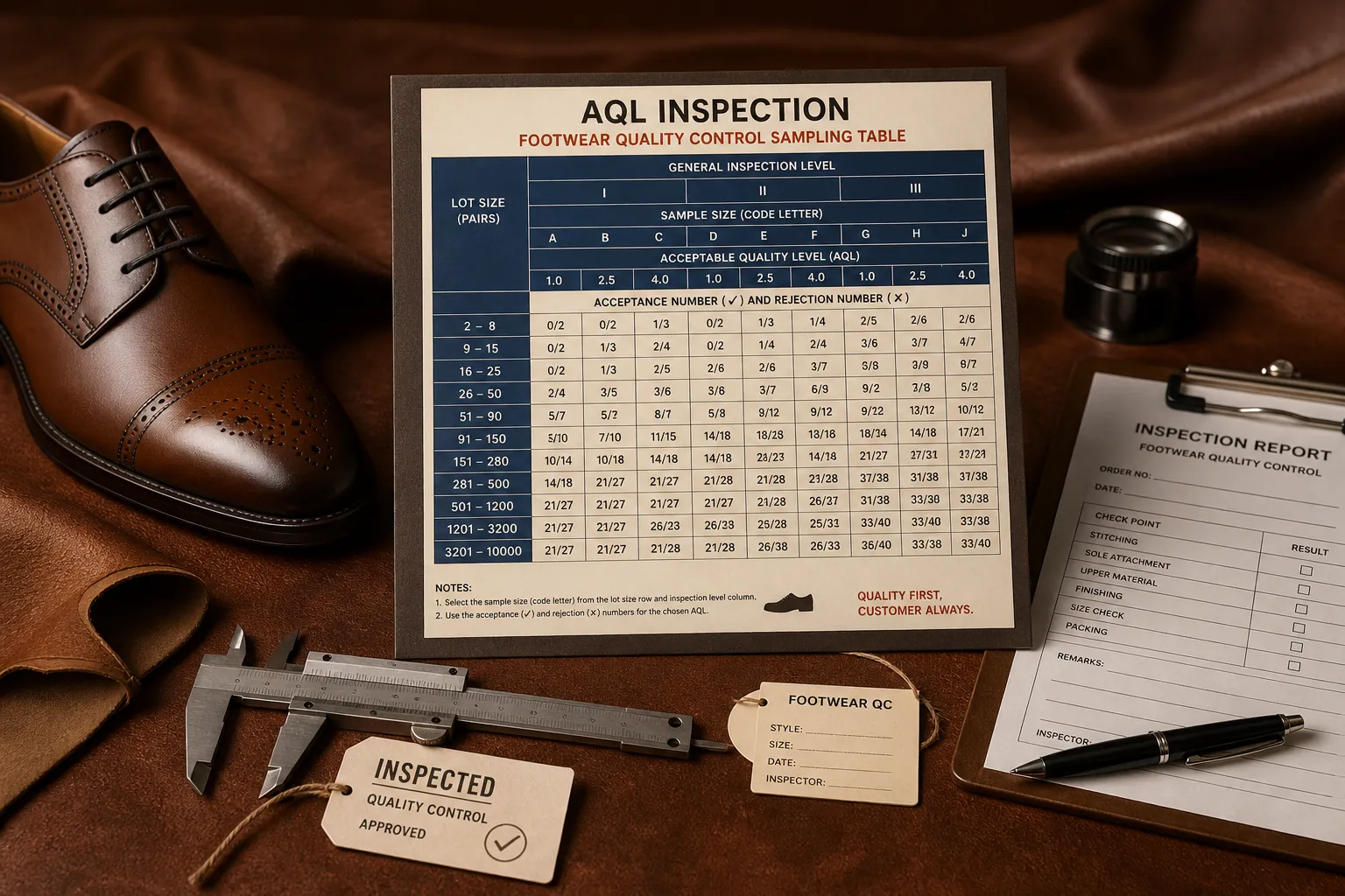 AQL inspection footwear sampling process on a production line