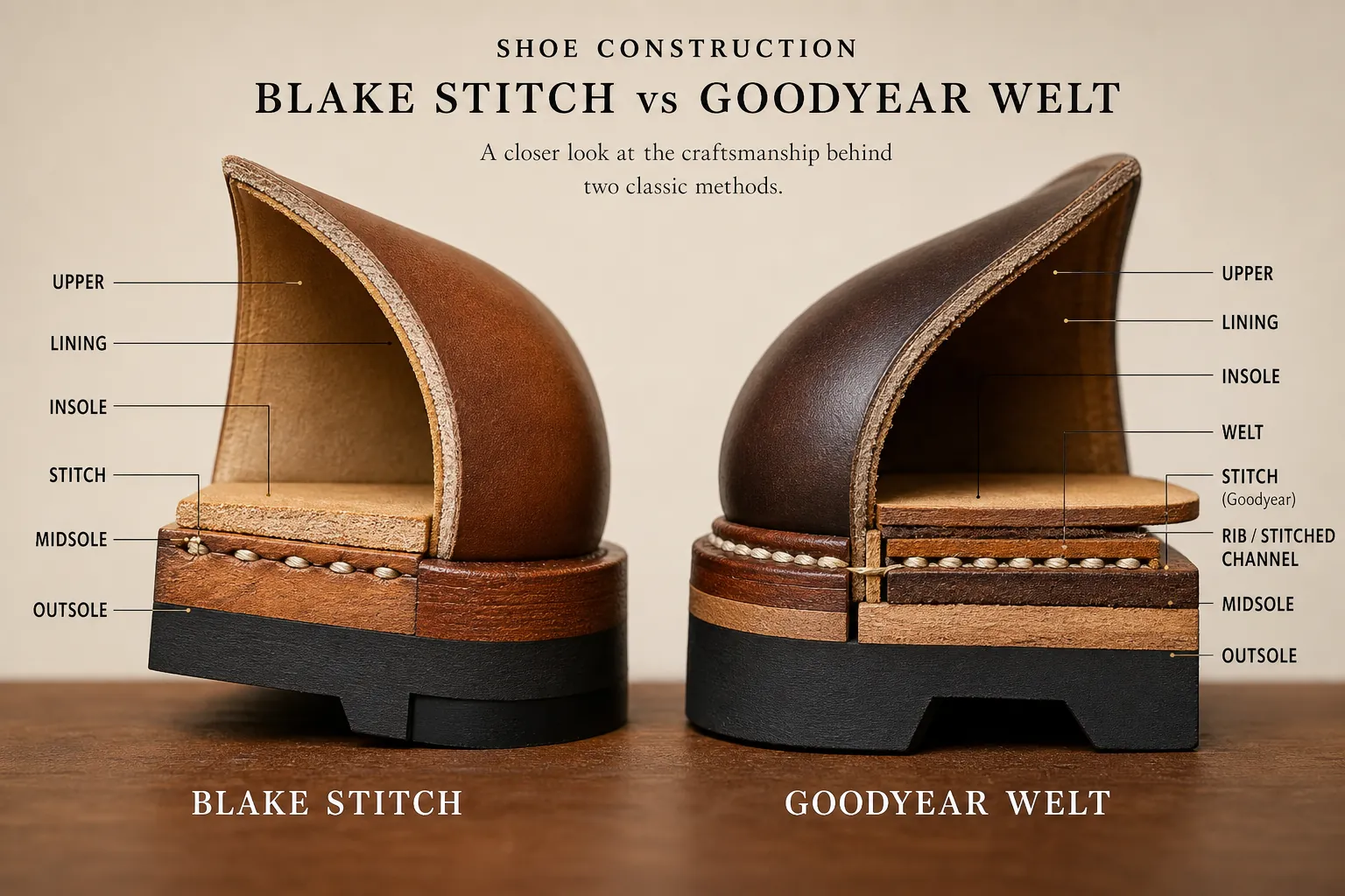 Blake stitch vs Goodyear welt shoe construction cross-section diagram showing stitching layers