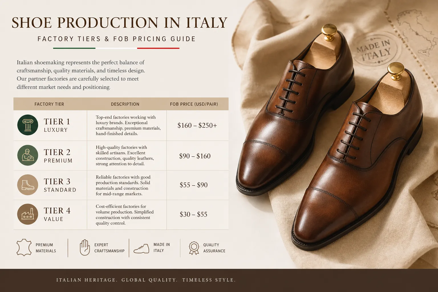 cheap shoe production Italy cost comparison chart showing factory tiers and FOB pricing