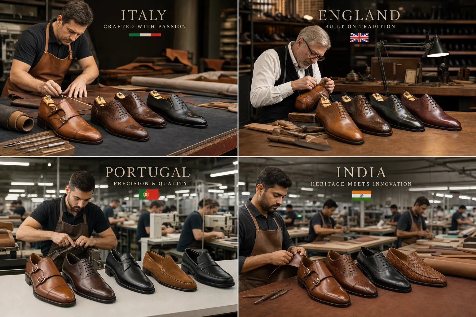 shoe manufacturing comparison of four countries showing factory floors and leather shoe samples