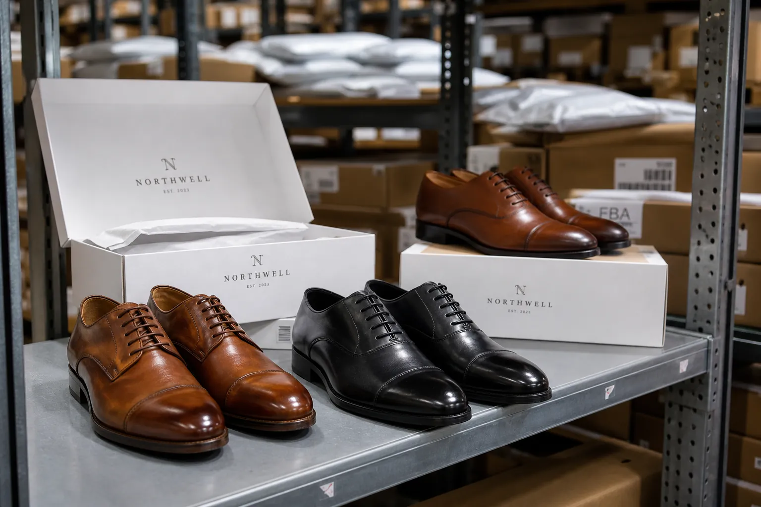 leather shoes Amazon private label display on FBA shelf with Oxford and Derby styles