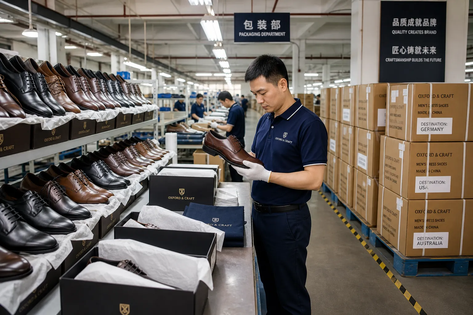 leather shoe exporter China factory floor showing packaged export-ready men's dress shoes