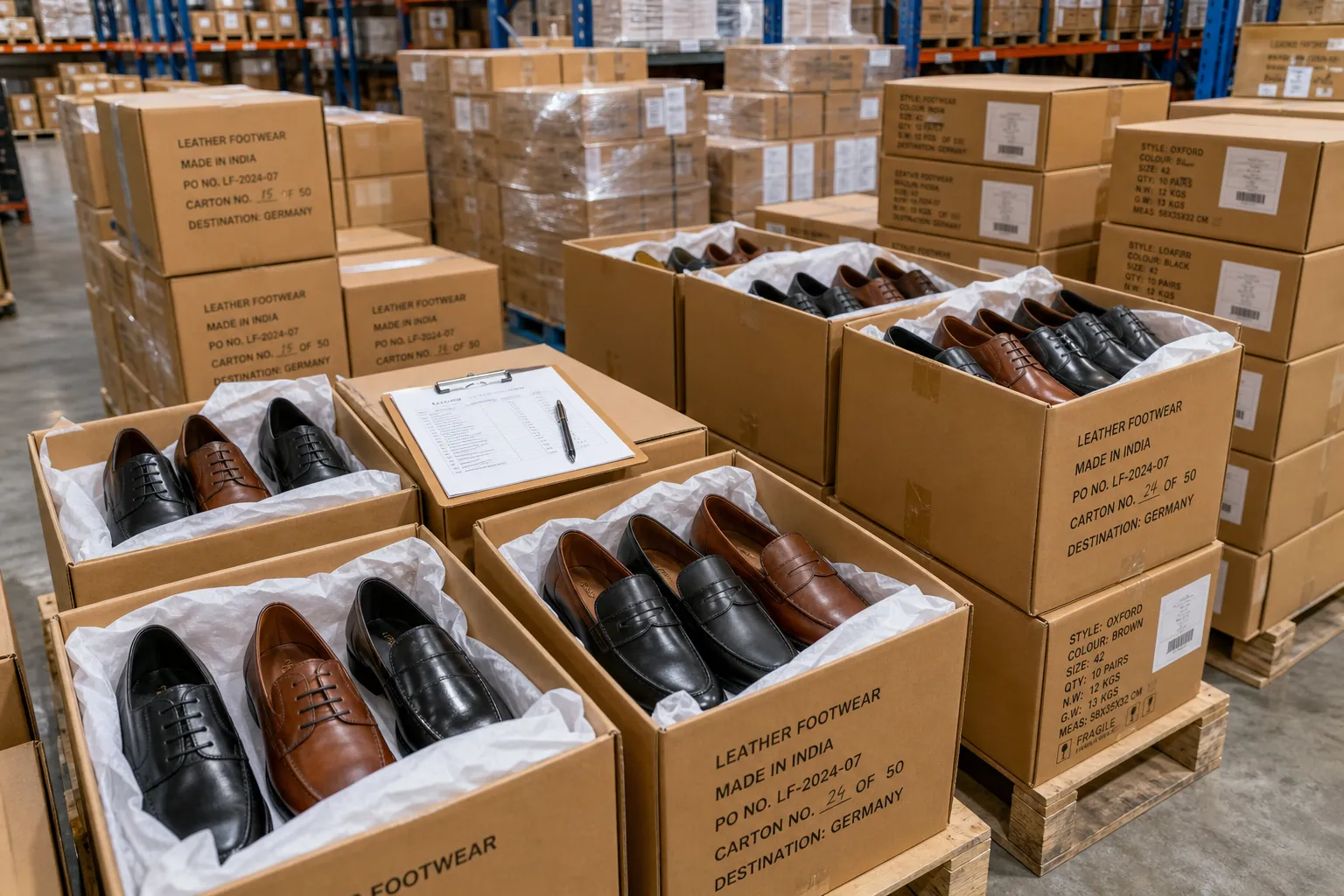 wholesale leather shoes for resale stacked in export packaging ready for B2B shipment