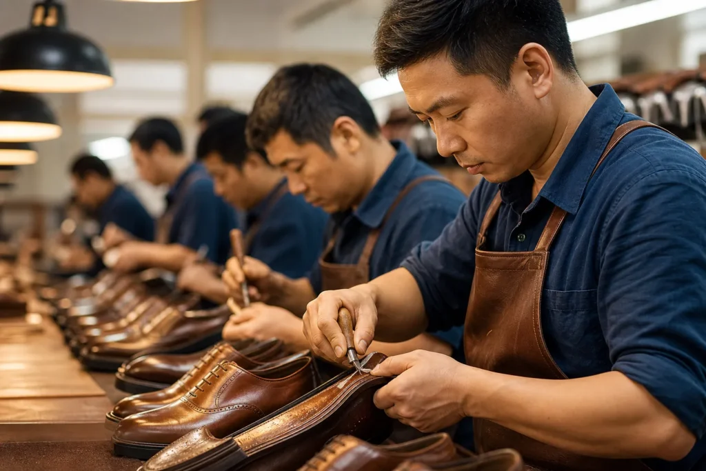 OEM shoe factory production line in China — craftsmen assembling men's leather dress shoes