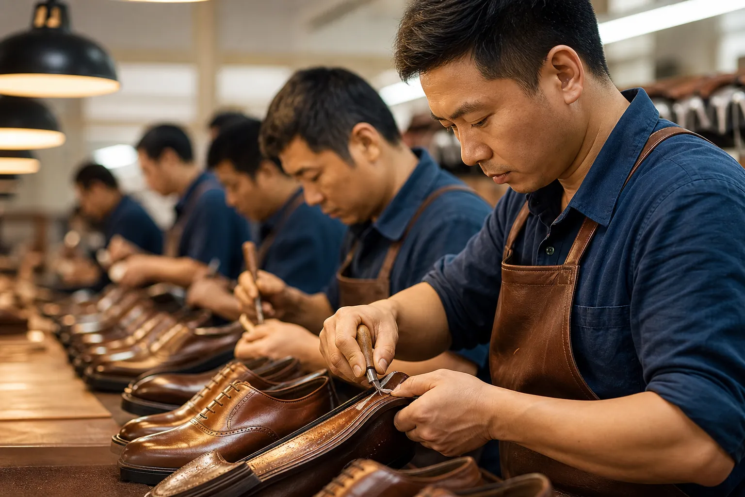 OEM shoe factory production line in China — craftsmen assembling men's leather dress shoes