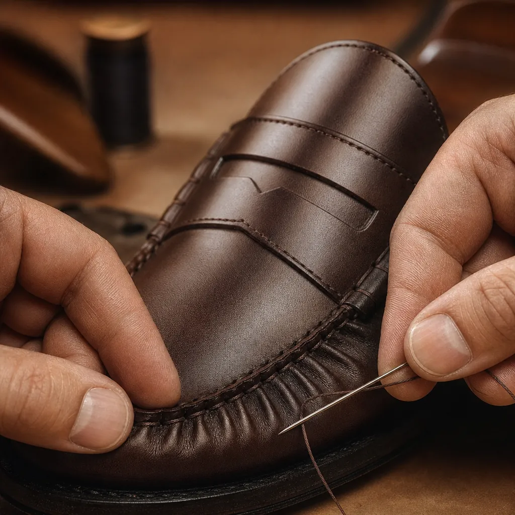 Beefroll stitching on unlined penny loafers: rolled apron edges and gathered toe pleats close-up