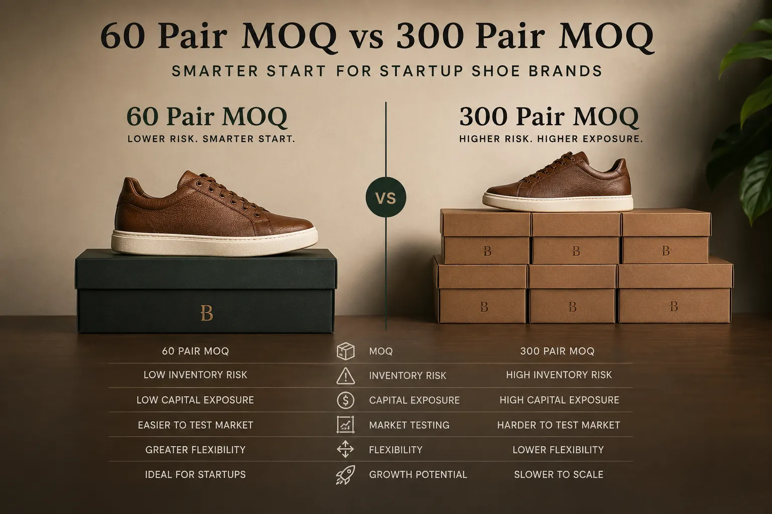 60 pair MOQ vs 300 pair MOQ startup shoe brand comparison chart showing inventory risk and capital exposure