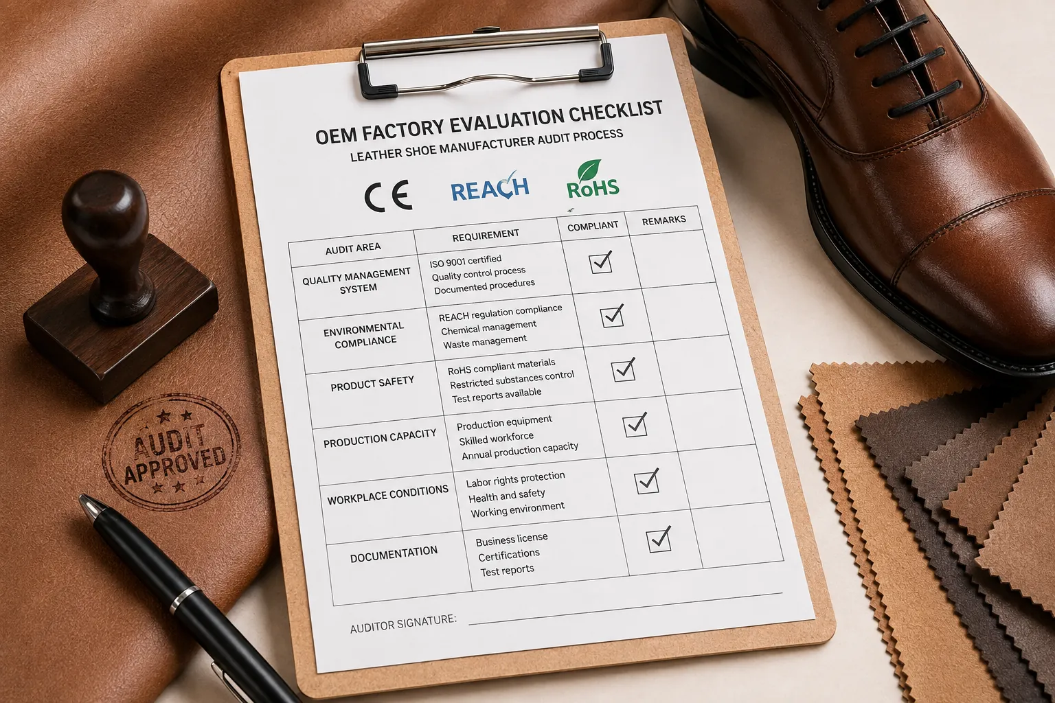 OEM factory evaluation checklist CE REACH RoHS leather shoe manufacturer audit process