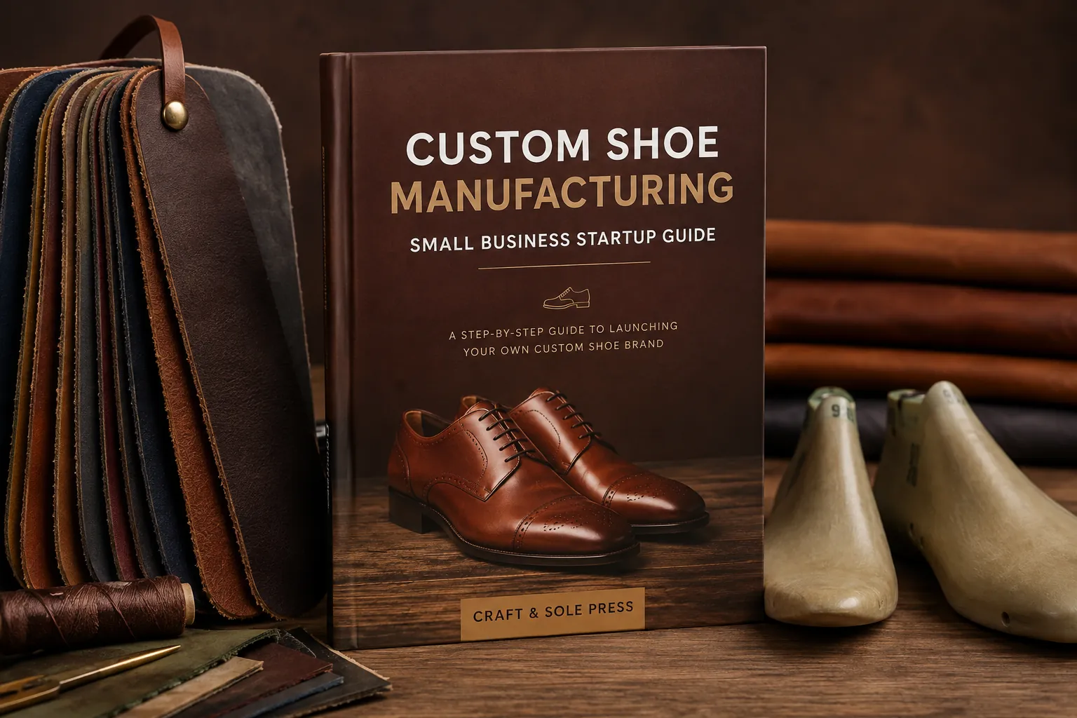 custom shoe manufacturing small business startup guide showing leather samples and shoe lasts