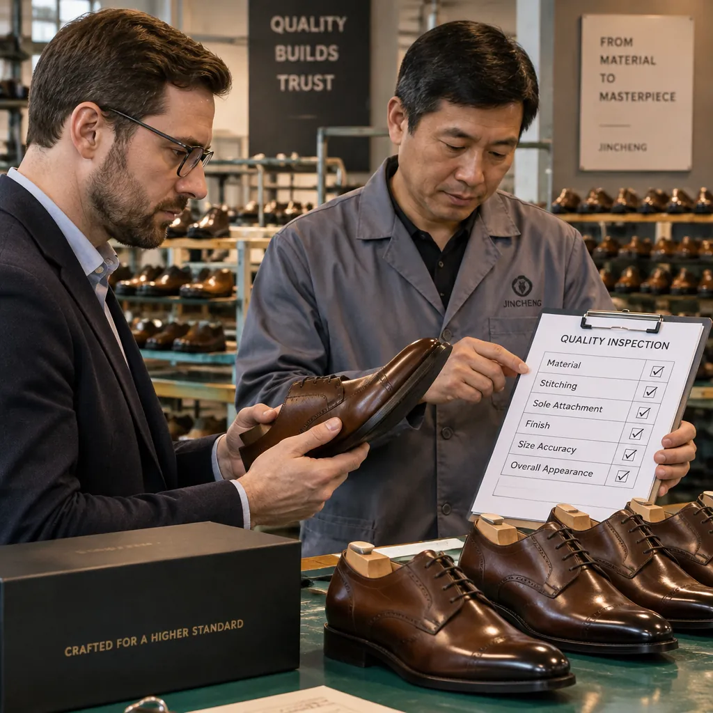 B2B buyer reviewing leather shoe quality inspection checklist with manufacturer QC records