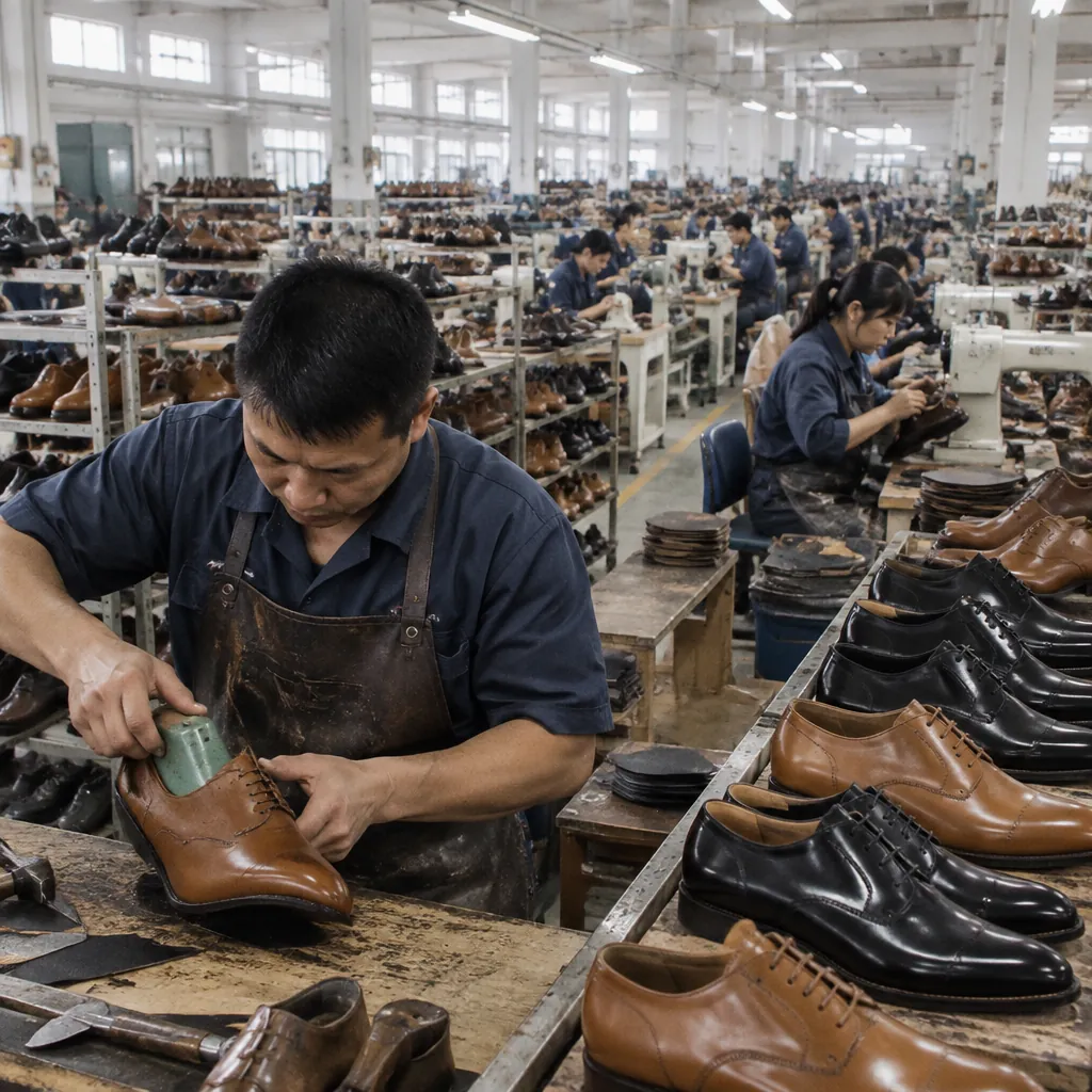 Global private label shoe manufacturing regions compared on a world map with factory, craft workshop, and brand icons